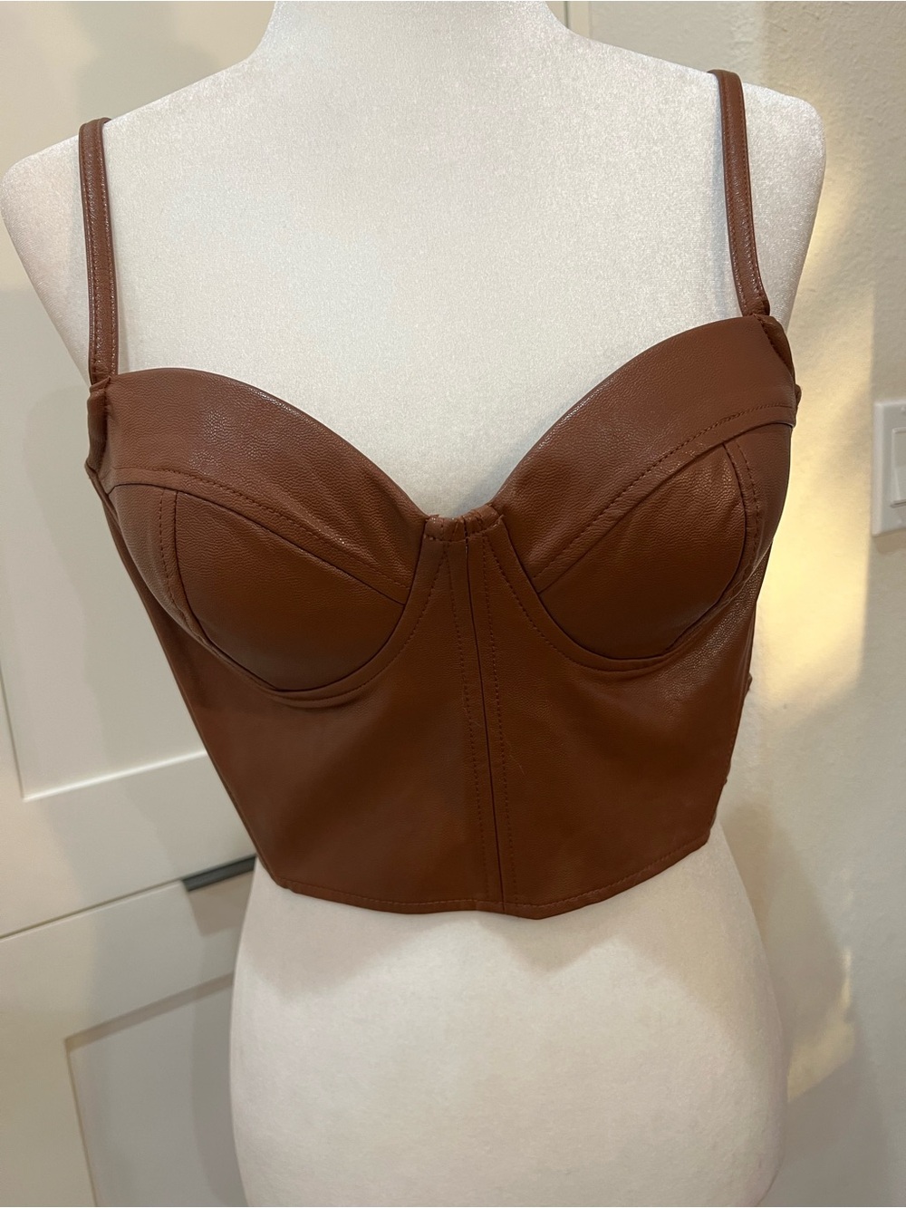 Haute Monde Brown Faux Leather Corset Crop Top Medium Bustier